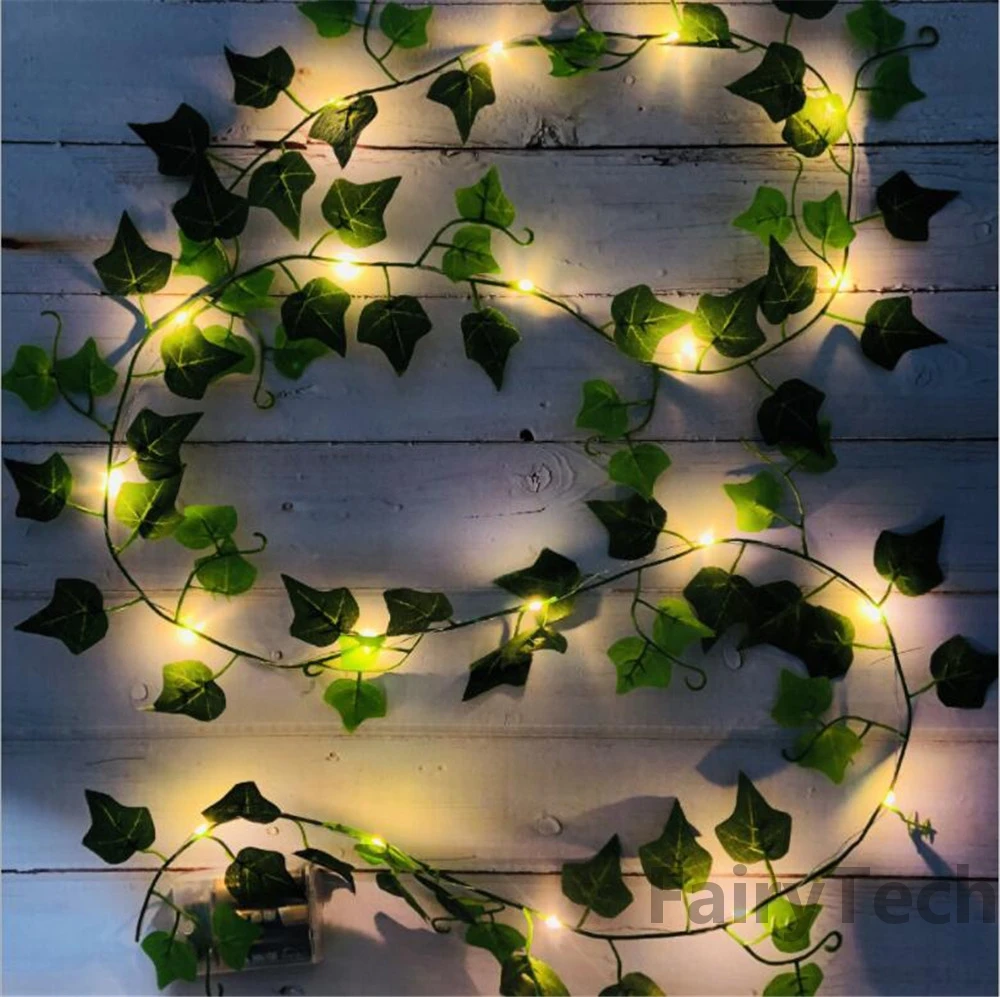 Guirnalda de luces de hoja verde para decoración del hogar, 2M, 20LED, enredadera Artificial, luces de hadas alimentadas por batería, luz de Navidad