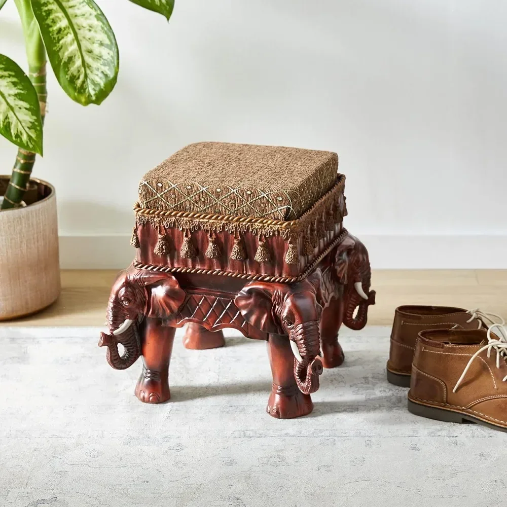 

Elephants Indian Decor Upholstered Footstool, 13 Inches Tall, Handcast Polyresin, Wood Tone Finish