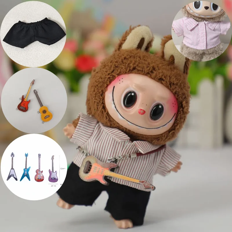 

For 17cm Labubu Doll Trendy Striped Set Shirt Shorts Guitar Decor Cool Music Themed Labubu Clothes Doll Accessories
