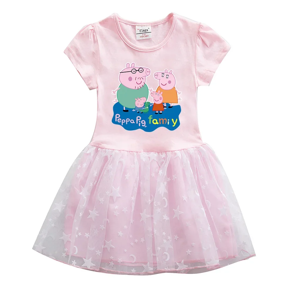 Peppa Pig\'s Family of Four Anime Pattern Summer Short Sleeve Princess Dress Activity Doll Toy Girl sisters Gift