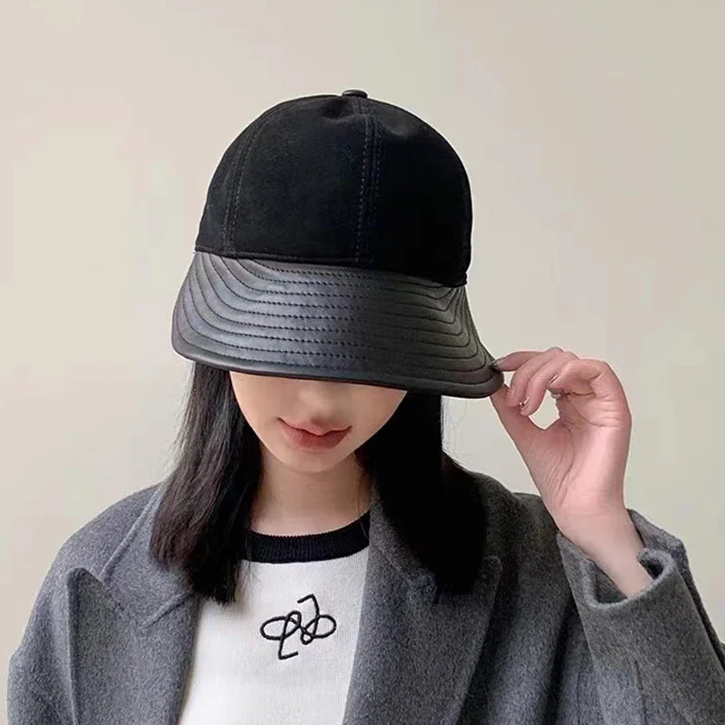 Novelty Suede Bucket Hat Women Winter Genuine Leather Fisherman's Caps Female Korean Fashion Big Brim Outdoor Sombrero Street