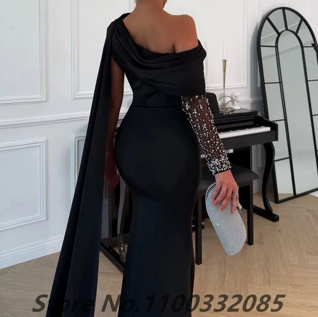 Eightale Customized Black Cape Evening Dress One Shoulder Mermaid Prom Party Dresses Women Dubai Formal Gowns Customize image 4