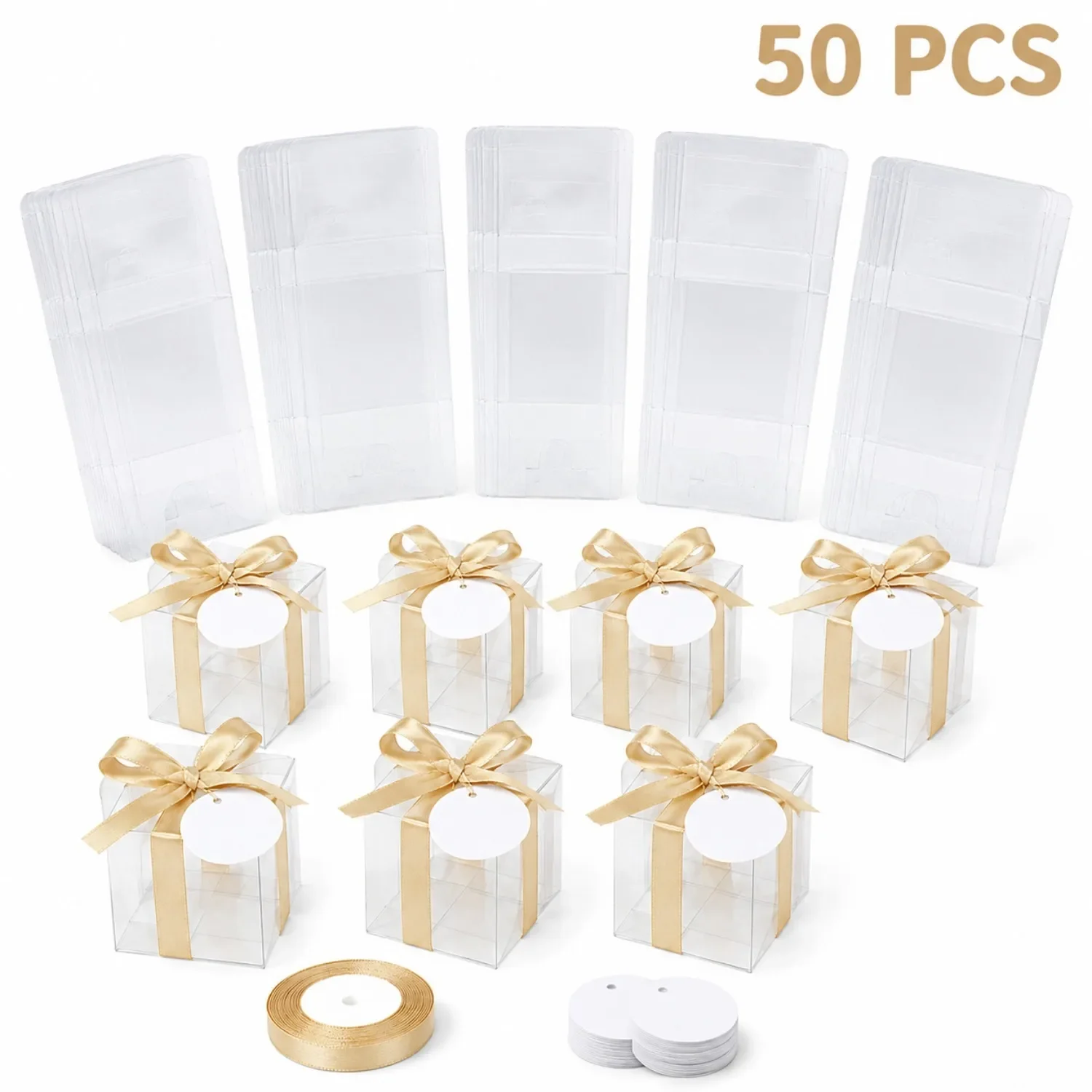 20/50 Transparent Gift Boxes With Gold Wire And Labels, Wedding, Birthday, Baptism, Gift Back Party, Candy Gifts