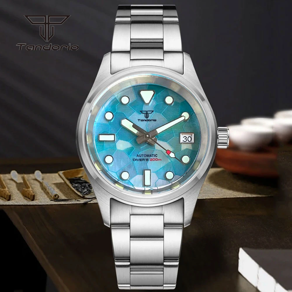 Tandorio Mother of Pearl Dial 36mm Pilot 20Bar Steel Automatic Watch for Men Lady Sapphire Crystal Date Luminous Wristwatch