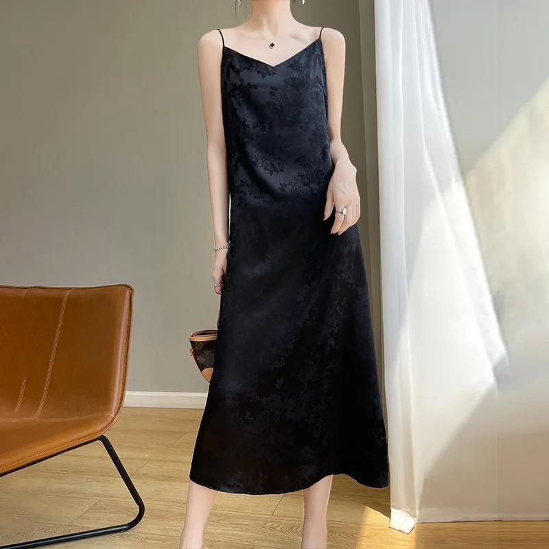 프렌치 아세테이트 새틴 V넥 스트랩 여성용, 봄과 여름 신상 자카드, 슬림 롱 드레스