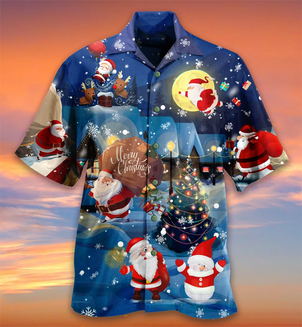 New Men's Shirts Christmas Day Theme Kawaii Hawaiian Short Sleeve Oversize Button Shirts Summer Beach Wear
