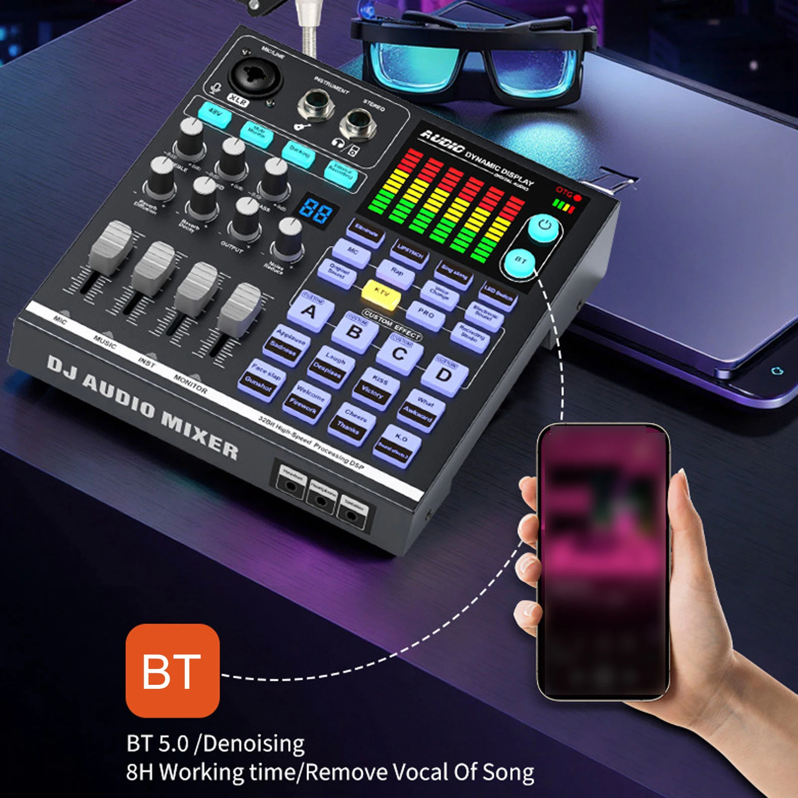 

Игровой аудиомикшер 48В, звуковая карта для подкастов, BT DJ-микшер, внешняя звуковая карта для прямых трансляций, студийной записи и игр