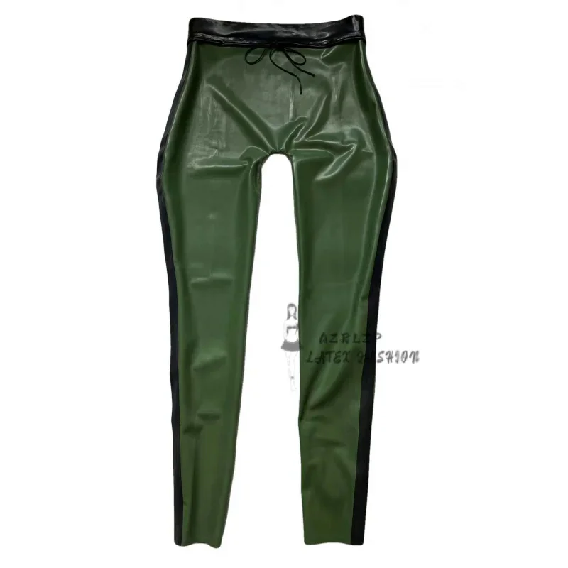 

Green And Black Trims Sexy Latex Leggings With Stripes Lacing At Front Long Rubber Pants Trousers Bottoms