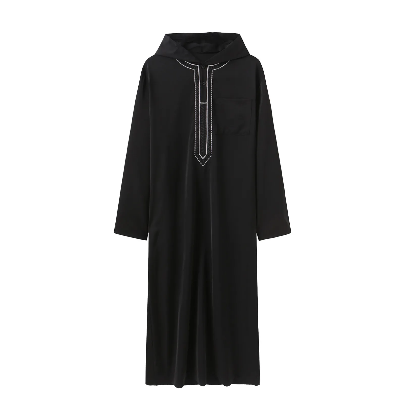 Muslim Robe Loose Muslim Men'S Hooded Long Robe Embroidered Sleeve Islamic Black Casual Gown Open Front Design Abaya Men'S Robe