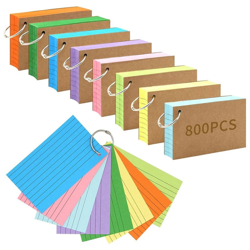 

800 PCS Index Cards 3X5 Inches, Colored Flash Cards Set With Rings, Punched Lined Ruled Notecards For Study