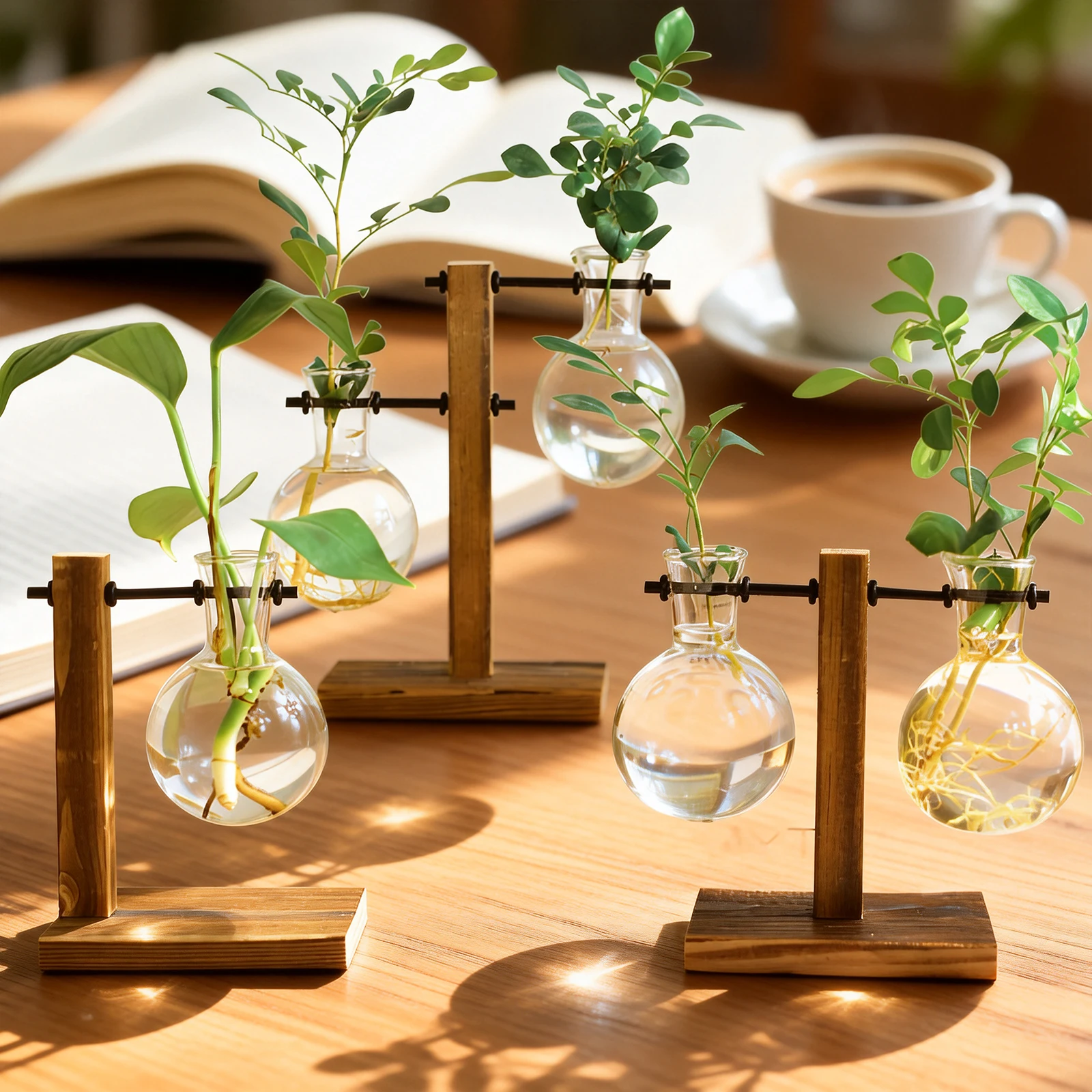 Planter Vases Flower Pot Hydroponic Plant Glass Decor Terrarium Wooden Stand Hydroponic Propagation Station Indoor Desktop Decor
