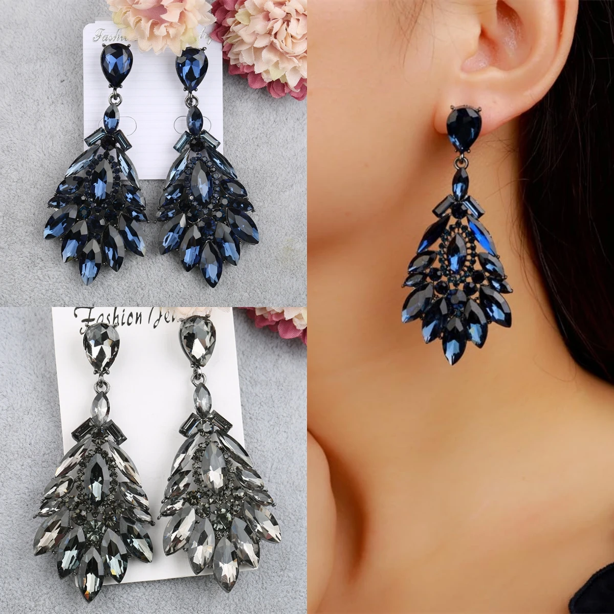 Statement Jewelry Accessories Wedding Long Grey Dark Navy Blue Crystal Rhinetsone Drop Earrings for Women