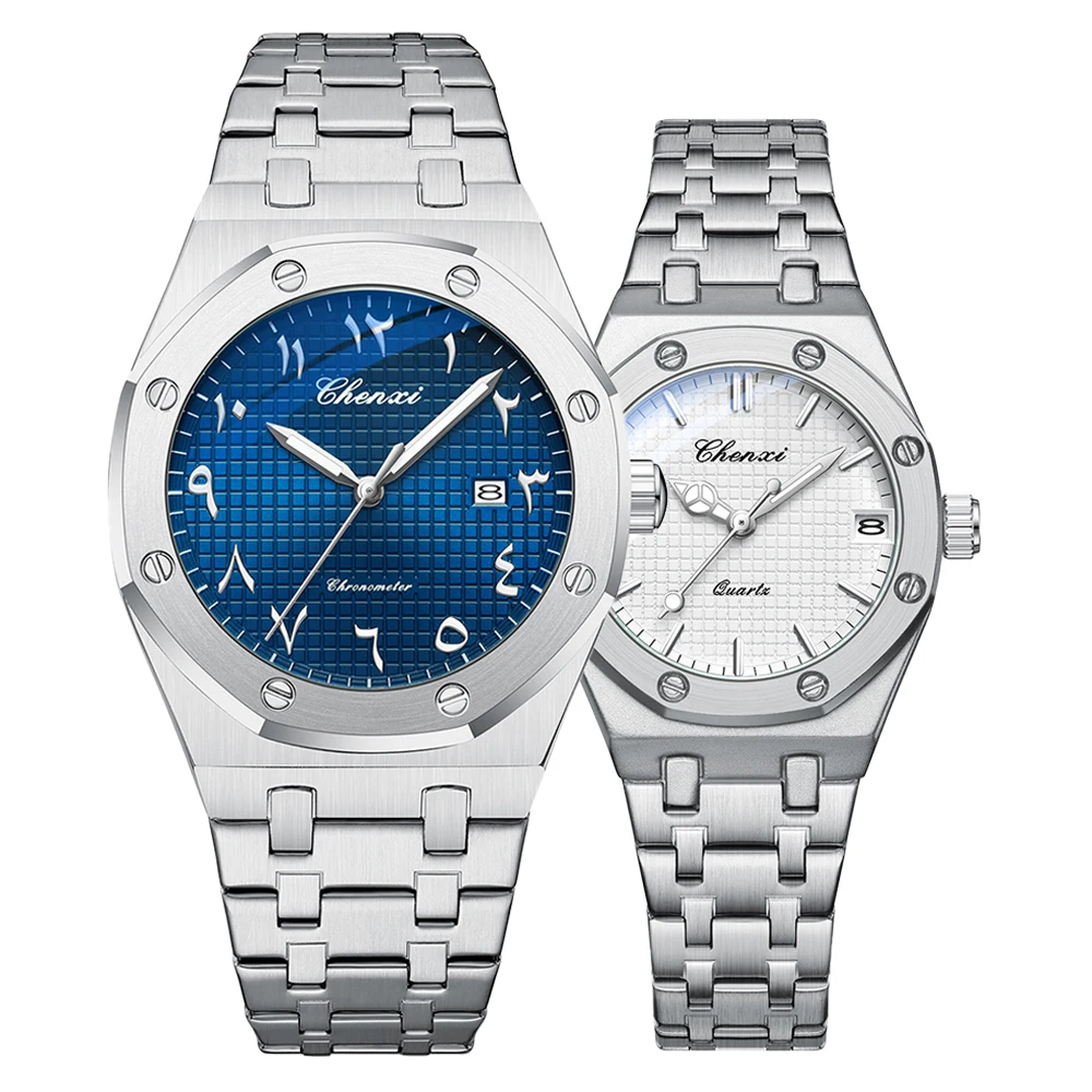 CHENXI Business Silver Steel Band Men Women Couple Watch Fashion Simple Waterproof Luminous Calendar Quartz Couples Watches
