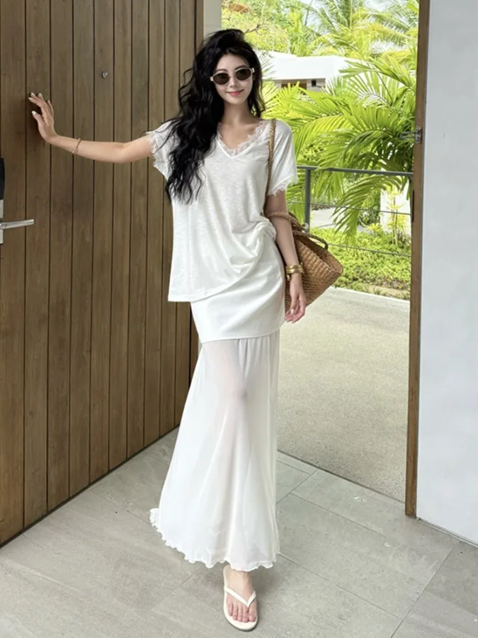 

Summer New Style Hot Girl Two-Piece Set High Waist Lace Trim T-Shirt Fish Tail Skirt Women's Fashion Ensemble Short Slee...