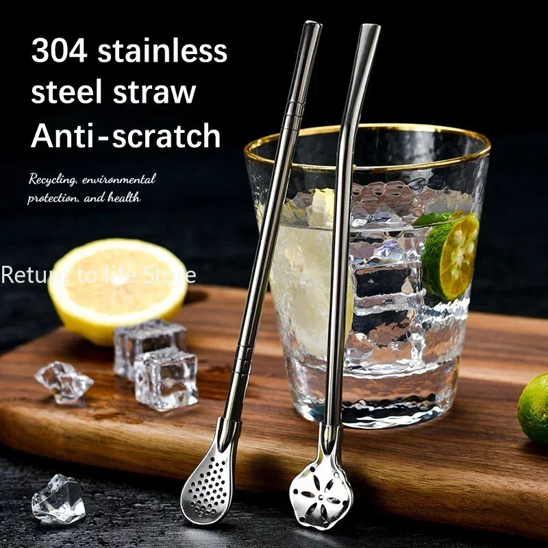 Straw Spoon Long Handle Mixing Yerba Mate Stainless Steel Bombilla Filter Teaspoon Coffee Stirring Spoon Bar Accessories 1Pc