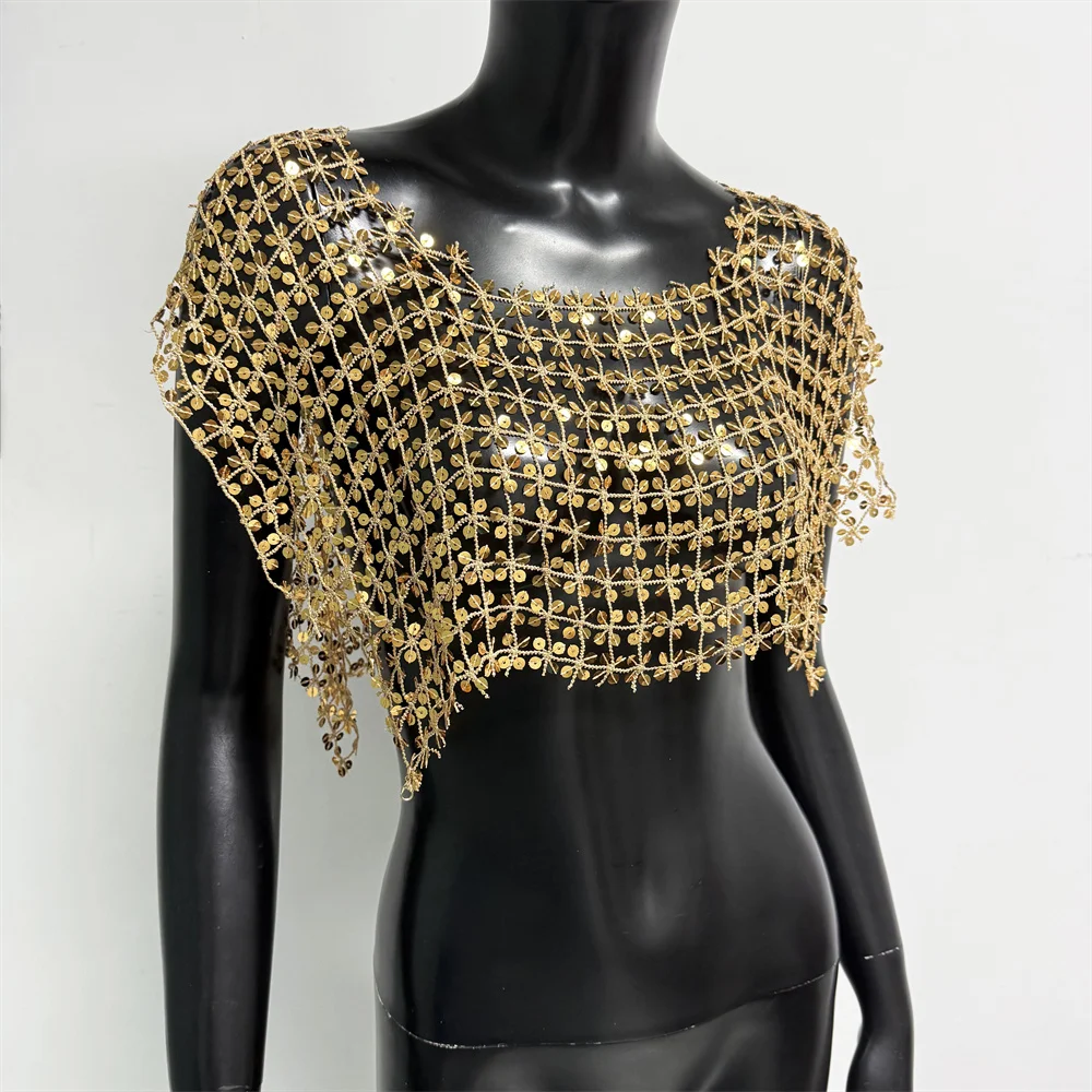 Damen Acryl-Pailletten Mesh Crop Tops Sexy Ausgehöhlt Durchsichtig Handgefertigtes Patchwork T-Shirt Rave Festival Party Tanktops – Detail 7