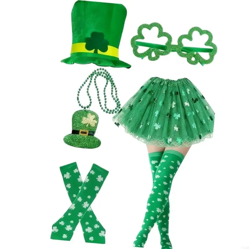 

Irish Celebration Costume Set Dress Hat Necklace 7pcs Themed Celebration Outfit 6XDA