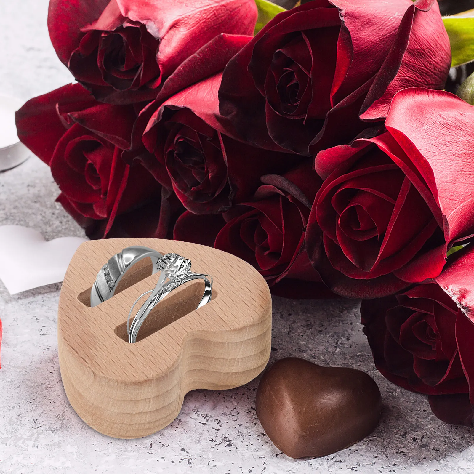 

2Pcs Ring Display Stand Wooden Heart Ring Holder Engagement Wedding Jewelry Organizer Storage Showcase Rack Couple Rings Rack