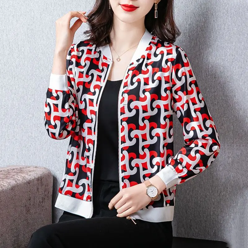 

Women's Casual Short Jacket Spring Summer Loose Short Sleeveless or Long Sleeve Top with Print Lightweight Satin like Fabric