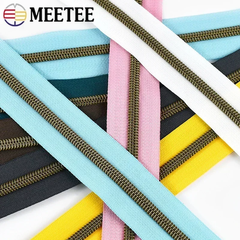 5/10/20/30/50M 5# Nylon Zipper Colorful Tape Bronze Teeth Open-End Zips Tailor for Bag Clothes Repair Kit DIY Sewing Accessories