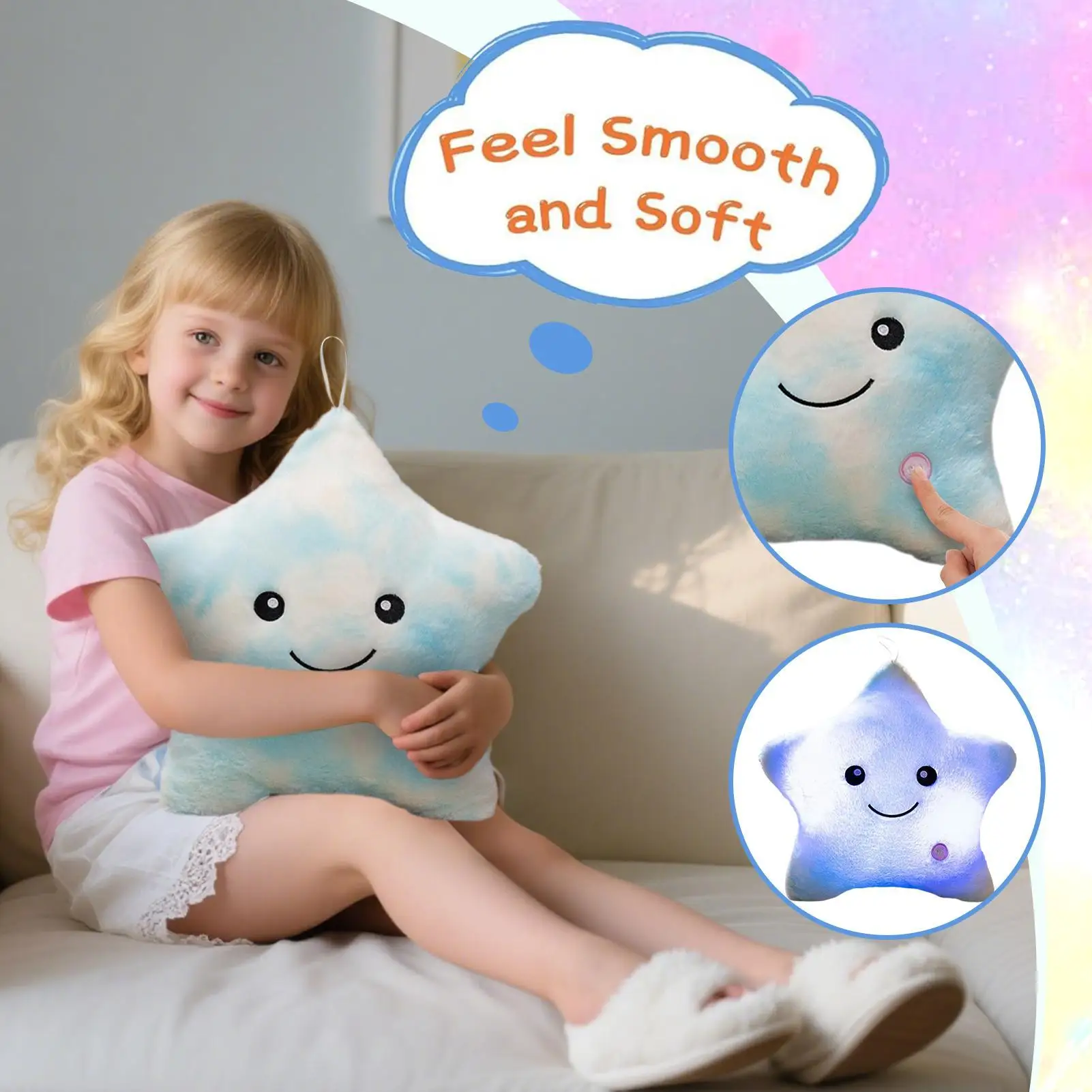 Cuscino a forma di stella in peluche illuminato Cuscino con stelle in peluche per bambini Giocattolo calmante colorato da 16 pollici Compagno di sonno per divano per ragazze dei bambini