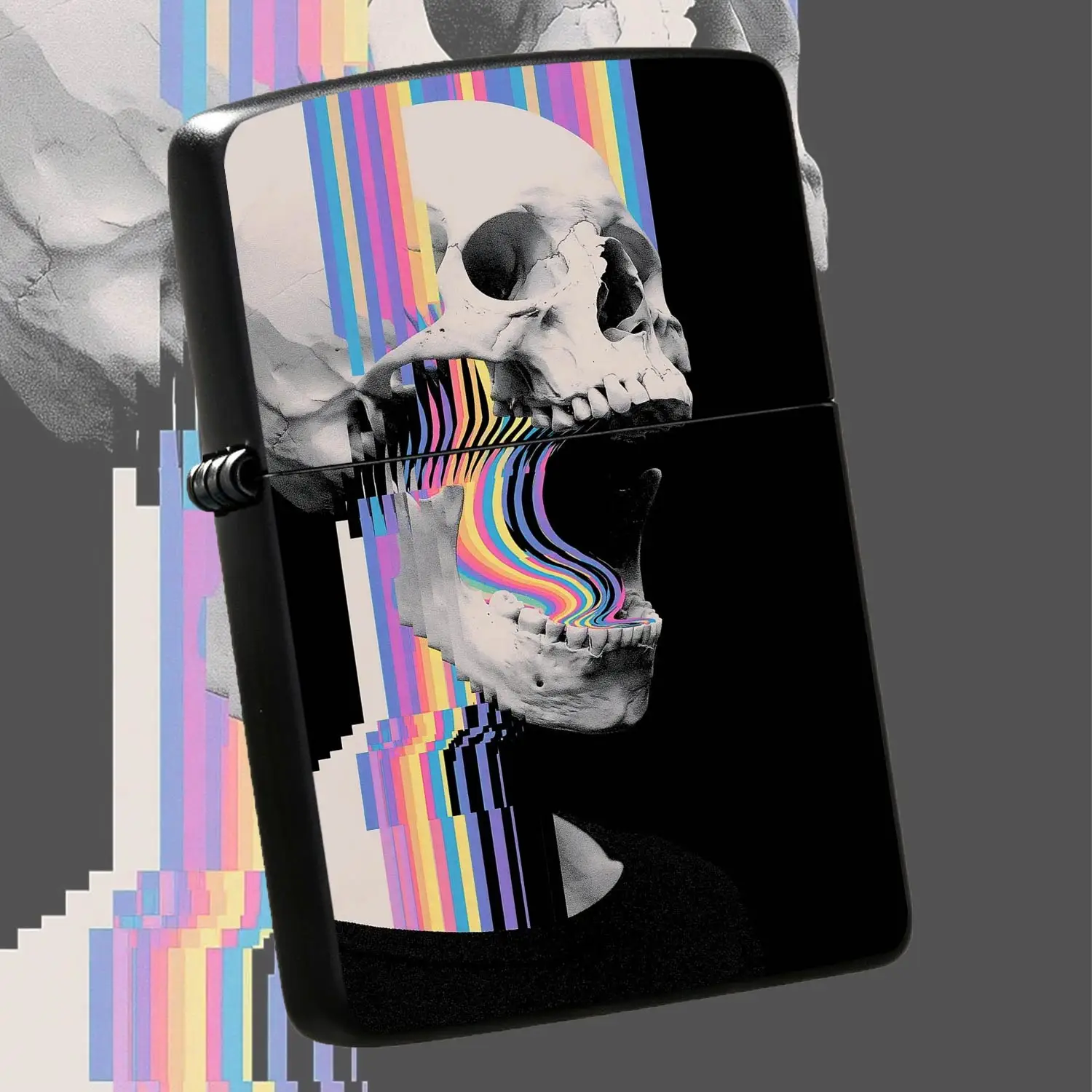 Vibrant Glitch Art Skull Lighter, Psychedelic Rainbow Streak Design Portable Igniter, Sleek Aesthetic Accessory For Daily Carry, Outdoor Trips, Home Use, Unique Trendy Gift For Art Lovers, Fits All Casual Scenarios, Eye-Catching Cyber Style