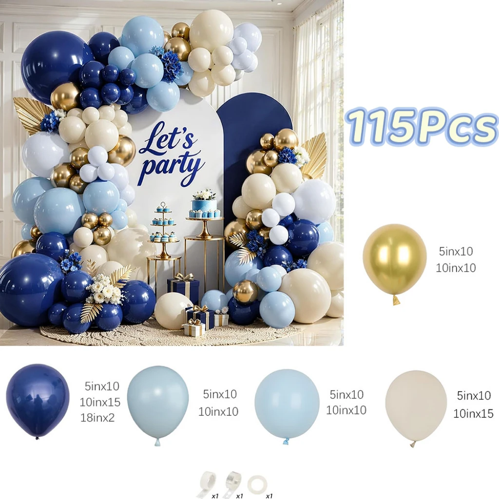 115Pcs Navy Blue and Sand White Balloons Garland Arch Kit Fog Blue Metallic Gold Balloons for Wedding Birthday Party Decorations