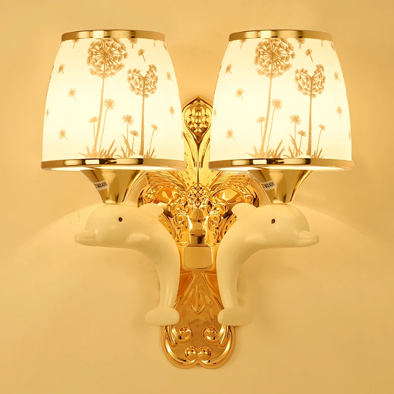 Nordic Gold Electroplating Iron Base LED Wall Lamps Printing Fabric/glass Light Living Room Corridor Bedroom Restaurant Sconces