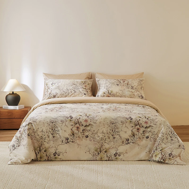 600TC Long-Staple Cotton Digital Print Beige Blooms Duvet cover set Silky Ultra Soft Twin/Single/Queen/Double Family Bedding set