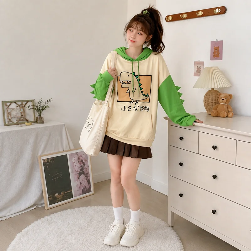 Niedlicher Dinosaurier-Hoodie mit Cartoon-Grafik, Pullover-Sweatshirt, Langarm, Oversized, Casual Y2K Streetwear Kapuzenpullover – Detail 6