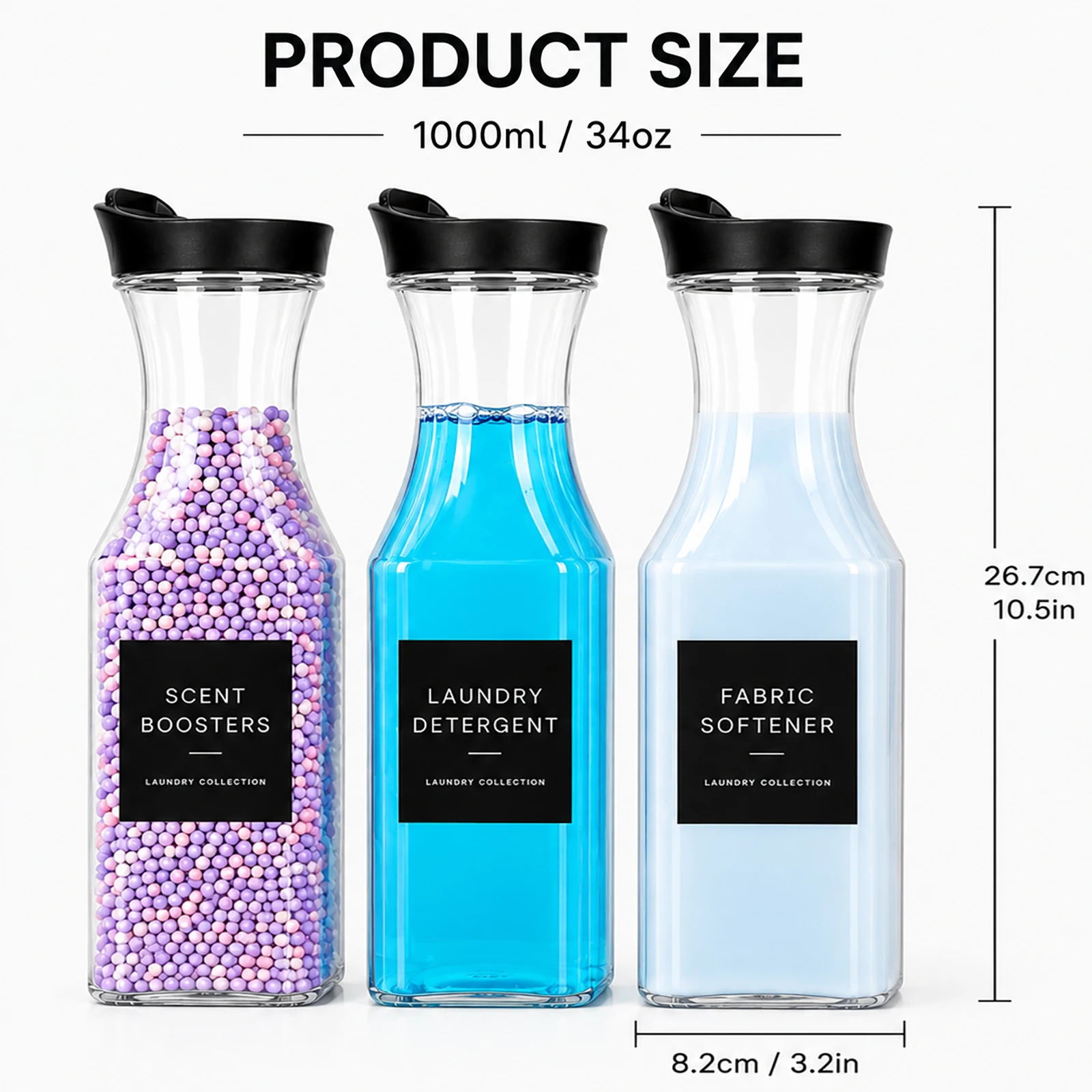 3Pack Clear Laundry Room Containers Laundry Soap Dispenser Bottle Set for Liquid Detergent Scent Boosters Softener
