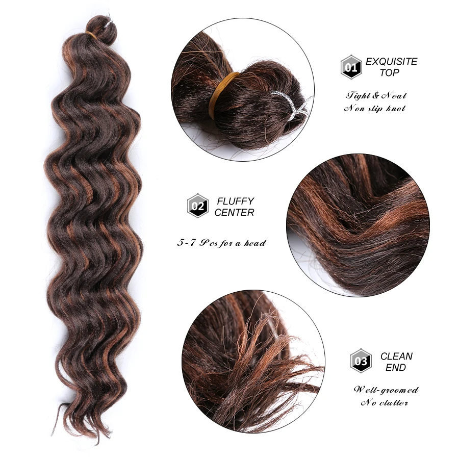 Macio Ocean Wave Crochet extensões de cabelo, longa onda profunda trança, encaracolado sintético, Freetress água, 20\