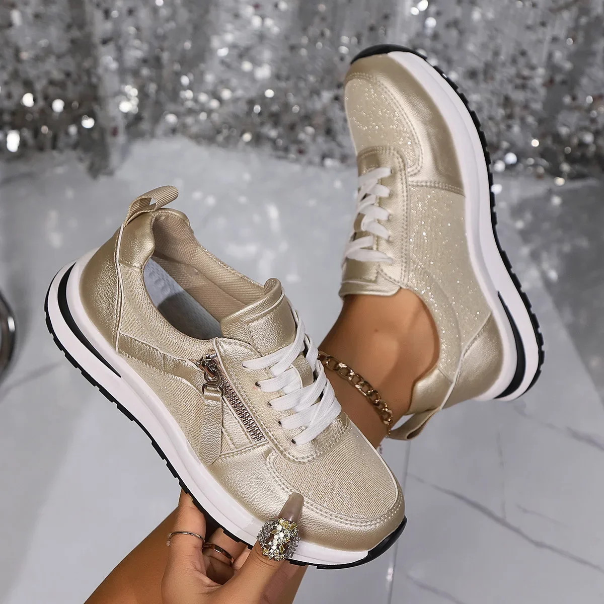 Large Size Casual Shoes Women 2024 New Zipper Decoration Thick Bottom Lacing Shoes Tenis Non-slip Comfort Running Shoes Sneaker