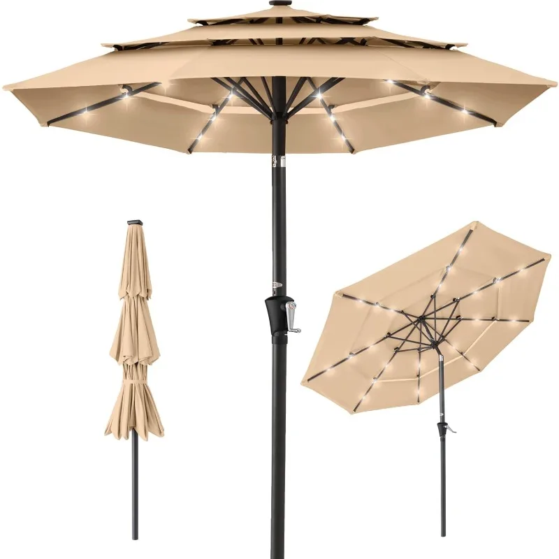 10ft 3-Tier Solar Patio Umbrella, Outdoor Market Sun Shade for Backyard, Deck, Poolside w/ 24 LED Lights, Tilt Adjustment