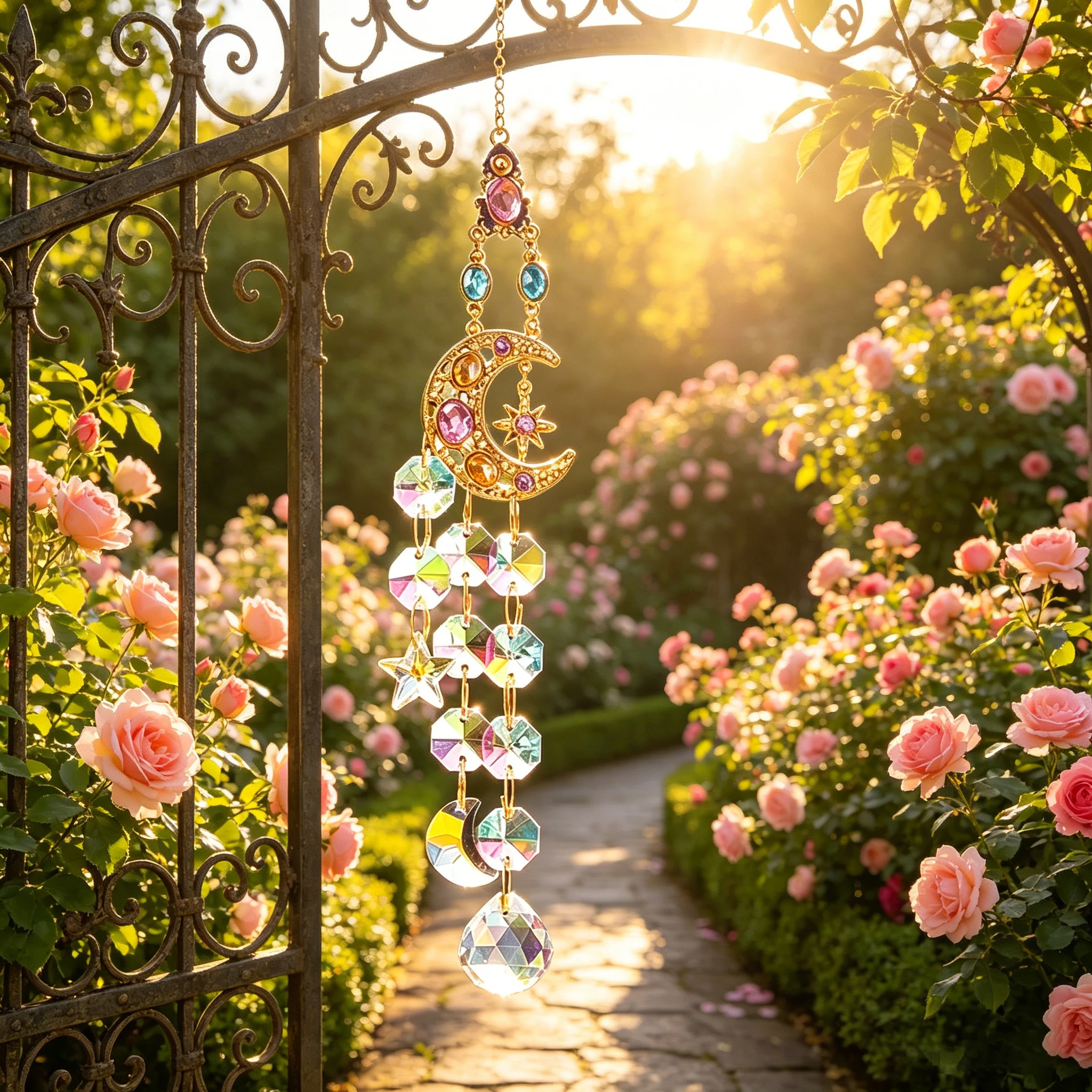 Moon Star Rhinestone Crystal Suncatcher Hanging Ornament AB Color Prism Ball Pendant Window Garden Rainbow Light Shadow Decor