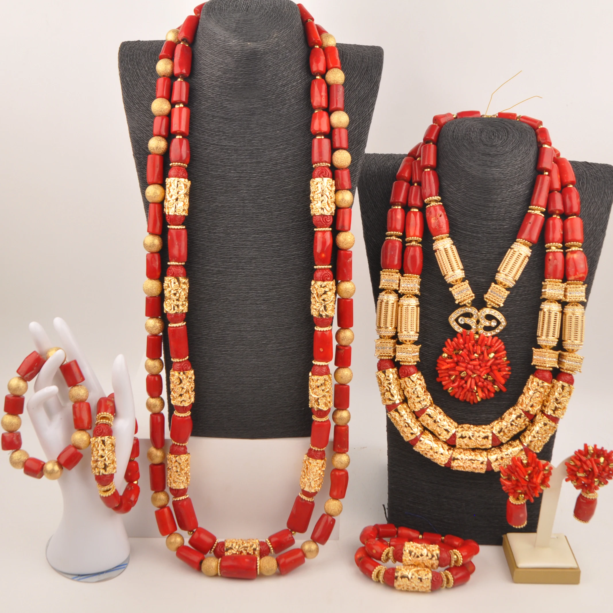 

Nigerian Wedding Couple Jewelry Natural Red Coral Beads Jewelry Sets