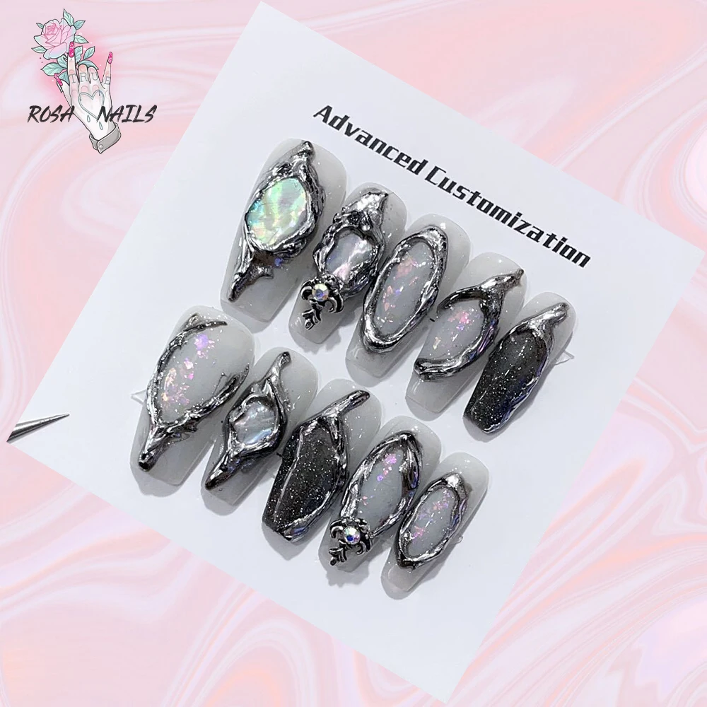 Fake Nails y2k Rainbow Discoloration Effect Handmade Tips Shine Chameleon Flakes Hologram Mirror Manicure Gothic Press on Nails