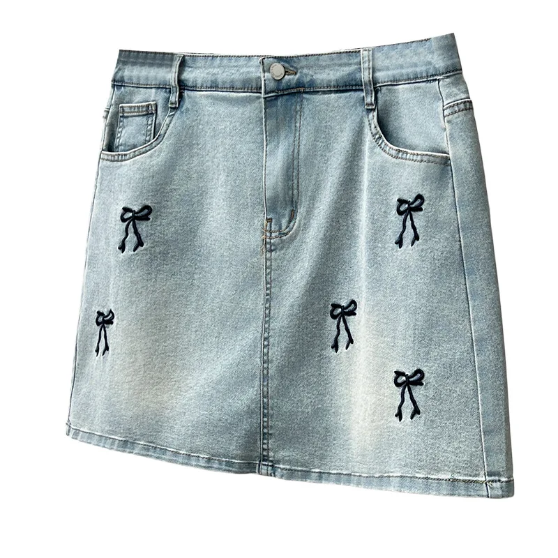 2026 Plus Size Lined Denim Mini Skirt Embroidery Bowknot Fashion Casual Short Skirt Curvy Ladies 810