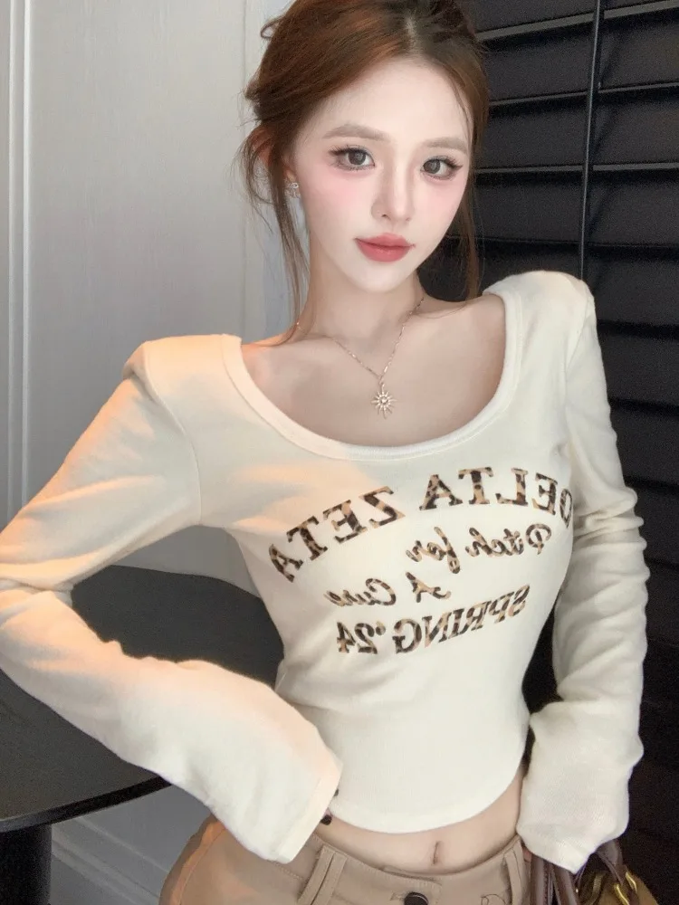 

American Leopard Print Letter Print U-Neck Short Shoulder Pad Long Sleeve Base Shirt Women's Autumn Winter Spicy Girl Slim Fi...