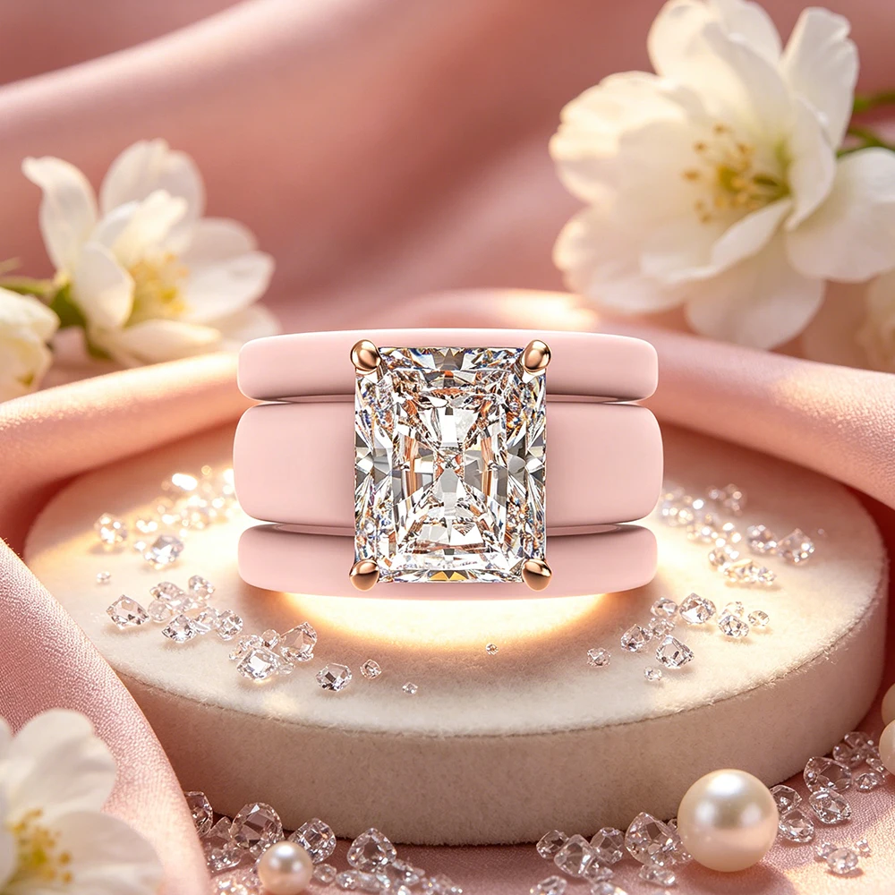 Strahlend Schimmernder Zirkonia-Ring mit 3-Schichtiger Rosa Keramikbandierung, Moderner Massiver Roségold-Plattierter Statement-Ring, Braut-Versprechen-Schmuck