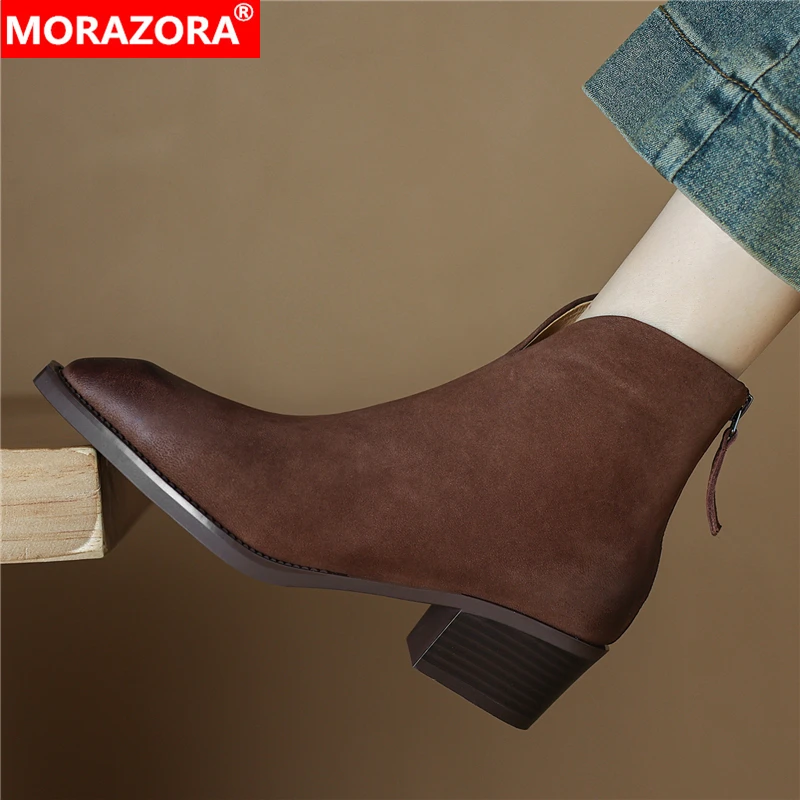 

MORAZORA, размер 34–41, новые ковбойские сапоги в стиле вестерн на молнии, женские детские замшевые ботильоны ручной работы с острым носком, высокое качество