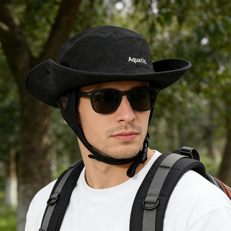 Kapelusz typu bucket hat unisex z szerokim rondem, kapelusz przeciwsłoneczny z siatką i paskiem chroniącym przed wiatrem, idealny do wędkowania i wędrówek na świeżym powietrzu. — zdjęcie produktu 2