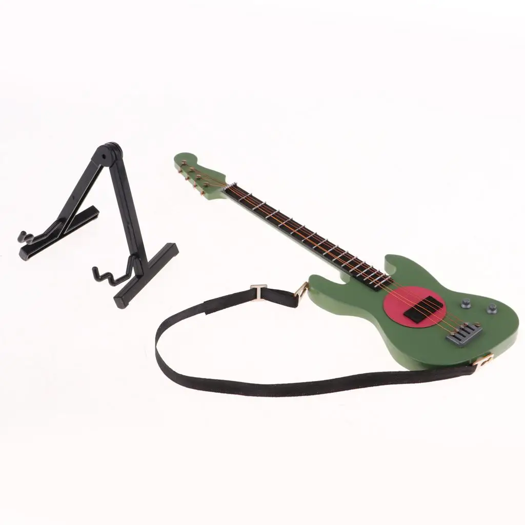 Miniature Guitar 1 6 Scale Dollhouse Wooden Electric Bass with Stand for BJD Dolls and Miniatures Display