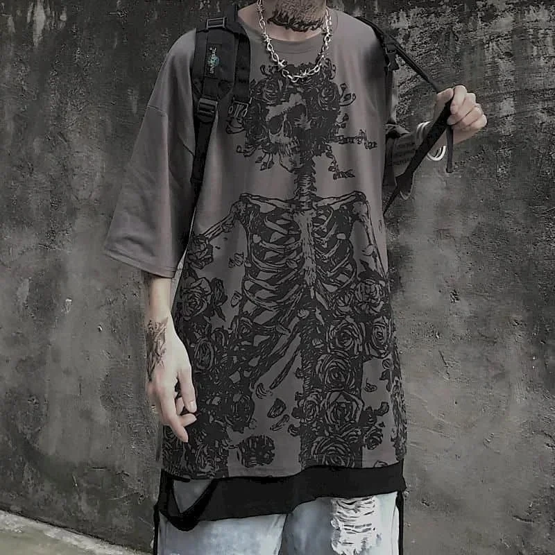 Men T-shirts 2023 Summer Streetwear High Street Gothic Skull Tshirt Loose Oversized Short-sleeved T shirt Dark Anime Men Y2k Top