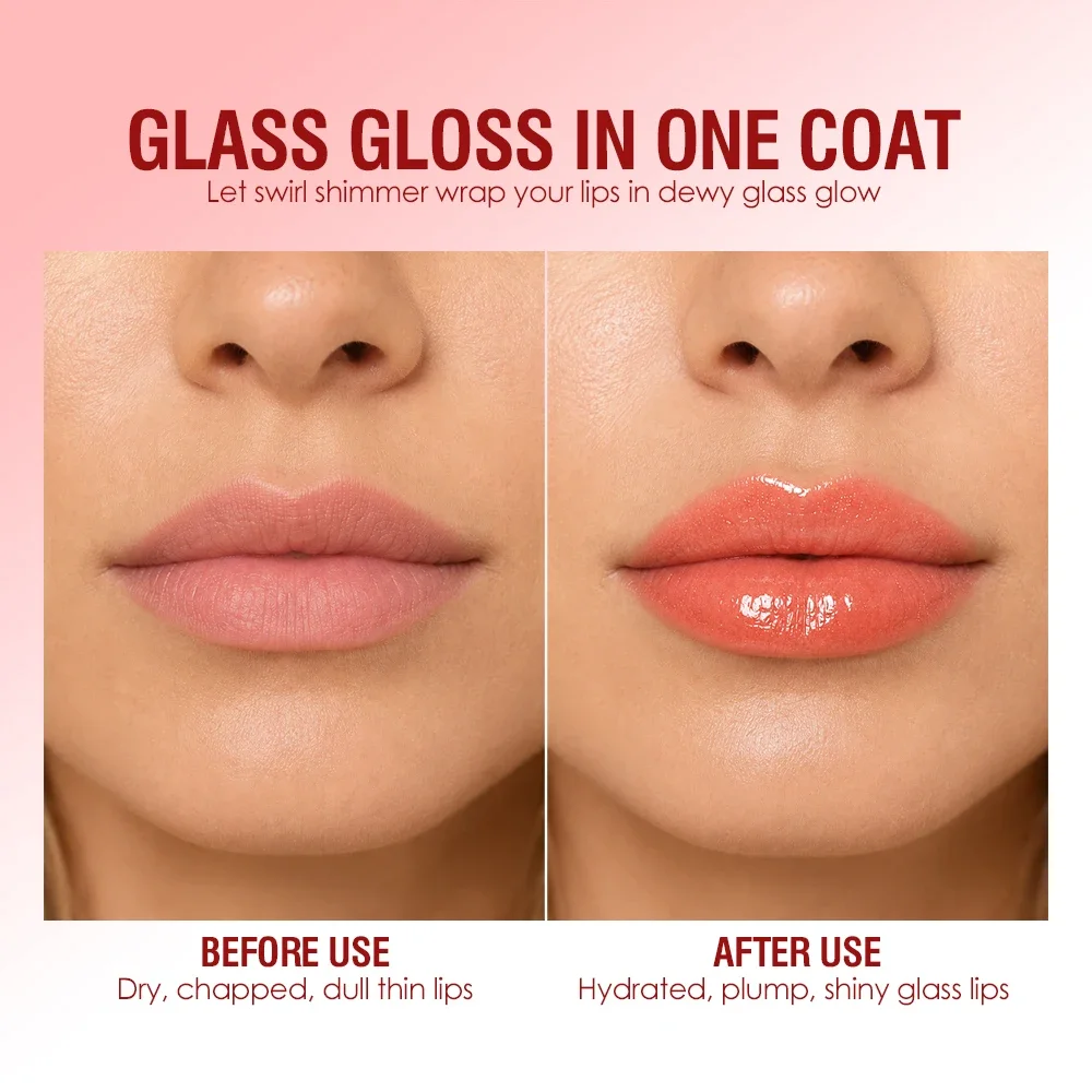 Swirl glitter lip gloss, dewy mirror finish, lightweight non-greasy, wear alone or layer over matte lipstick