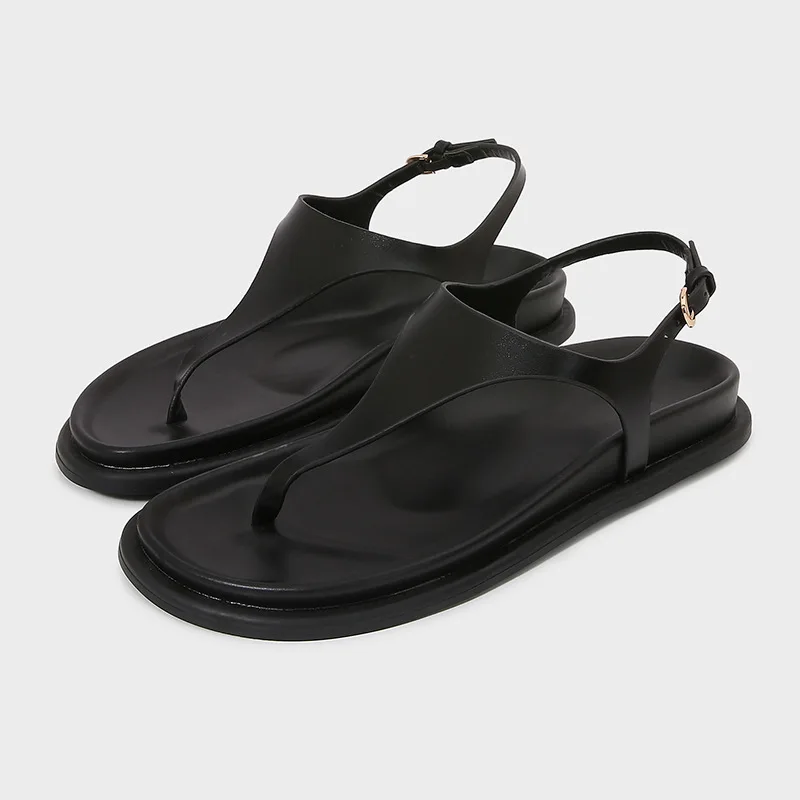 

Za2025 summer new women's black leather thong sandals - versatile casual flat sandals with thick soles, fashionable beach shoes