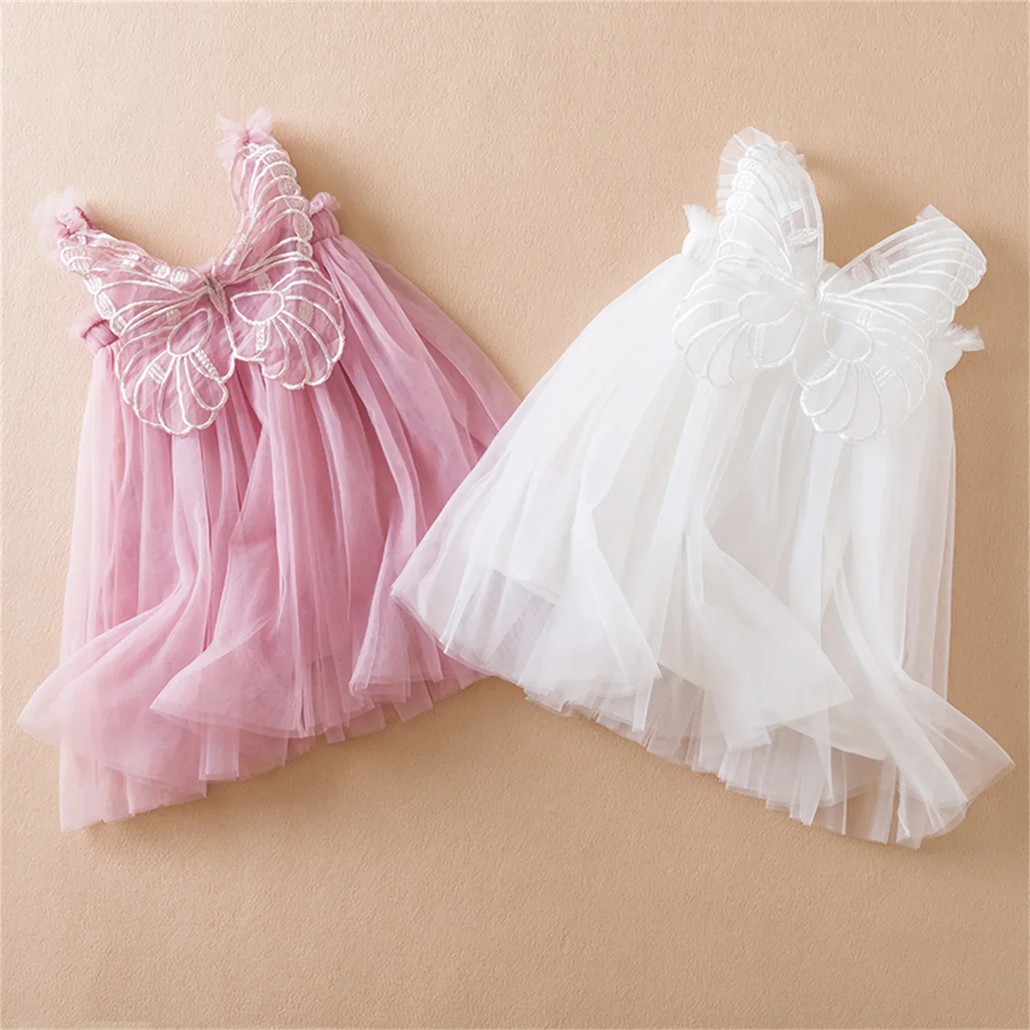 New Baby Girls Butterfly Wings Fairy Princess Dress Lovely Kids Summer Sleeveless Tulle Dress Child Birthday Party Gown Dress