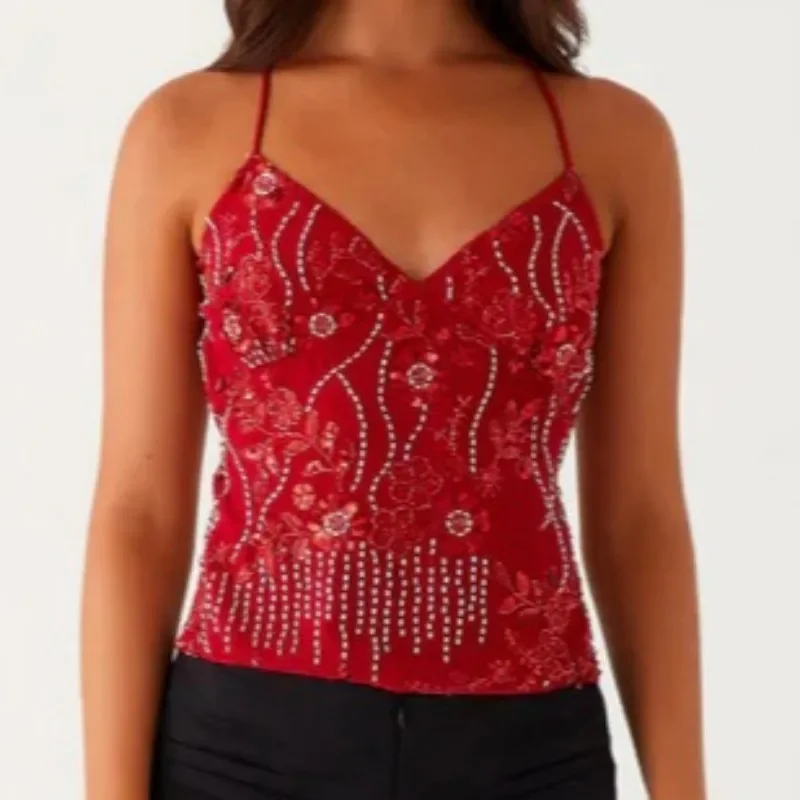 

Y2k женский летний топ без рукавов с бисером, топ с v-образным вырезом и завязками через крест, открытая спина, жемчужный блестящий жилет с блестками и цветочной вышивкой