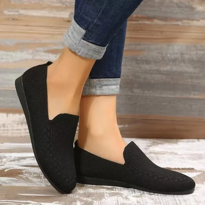 Mocassins deslizantes rasos femininos, sapatos de malha casual, respirável, tamanho grande, simples, cor sólida, novo, outono, 2022