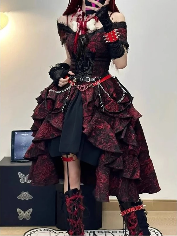 Gothic Lolita Dress Sexy Black Red Printed Studded Chain Off Shoulder Tiered Ruffle Slim Fit Women Girls Party Cosplay Clubwear